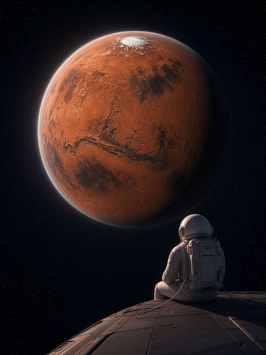 Uzay aracının üzerinde oturup Mars'ı izleyen bir astronot
